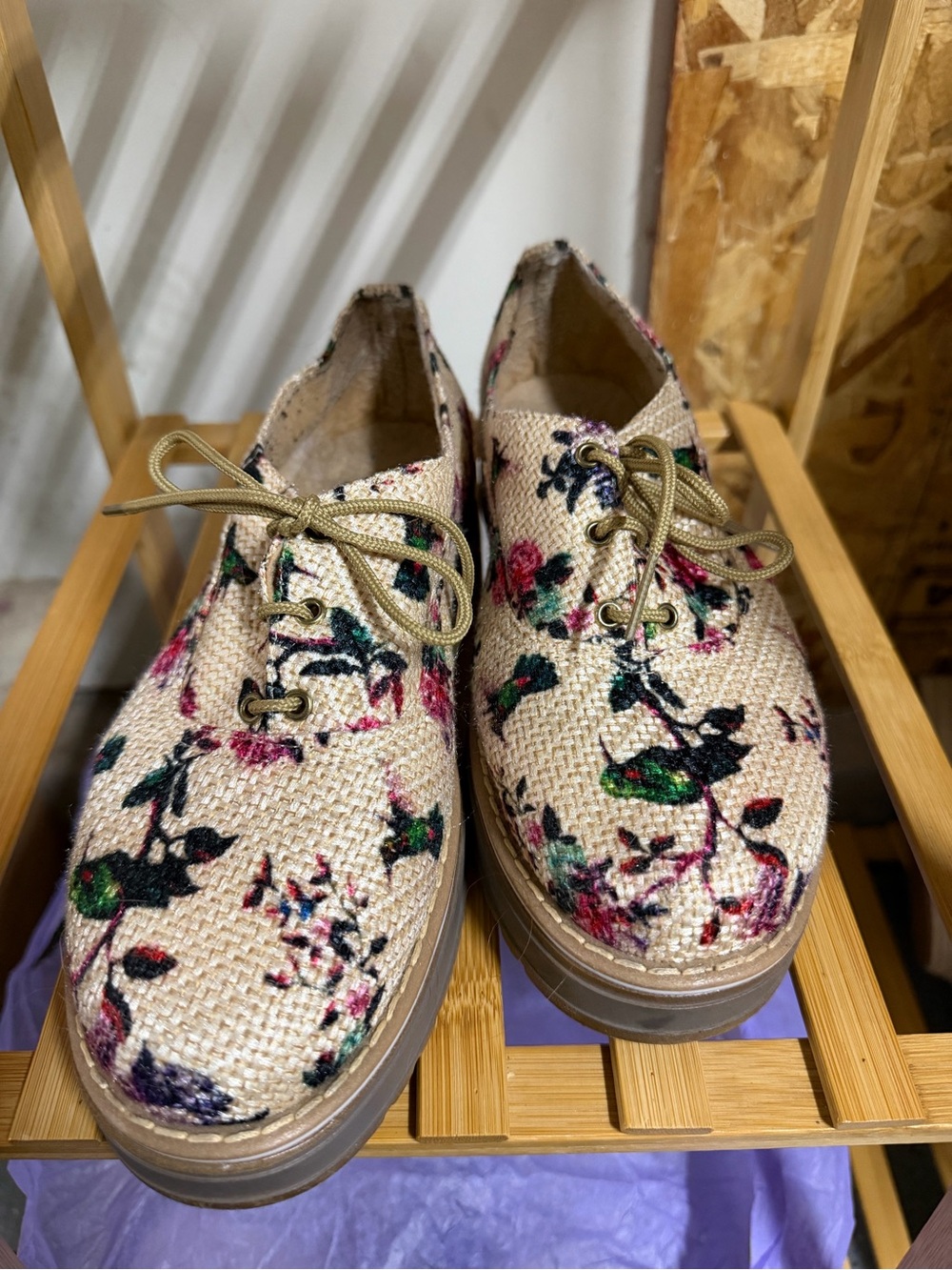 Floral Woven Lace-Up Women's Boots in Beige